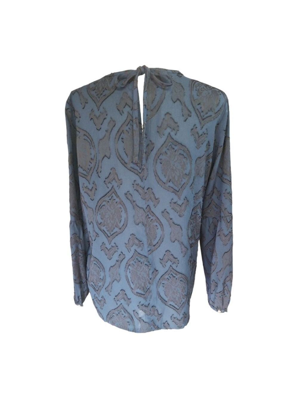 Loft Blouse Blue With Black Velvet Textured Burnout Pattern Top Size Medium - Picture 4 of 8